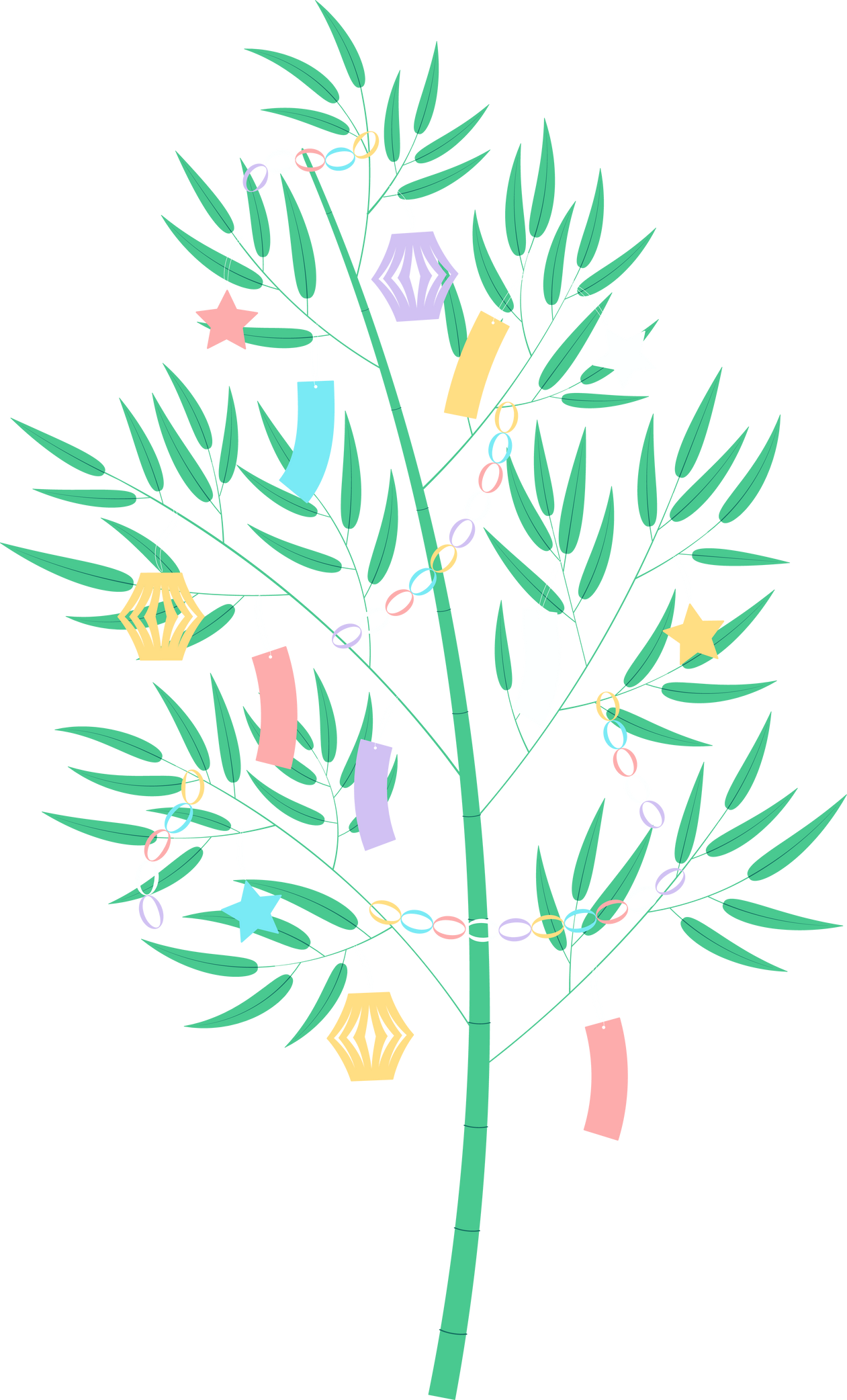 Tanabata Festival bamboo tree with traditional tanzaku, paper decorations illustration.